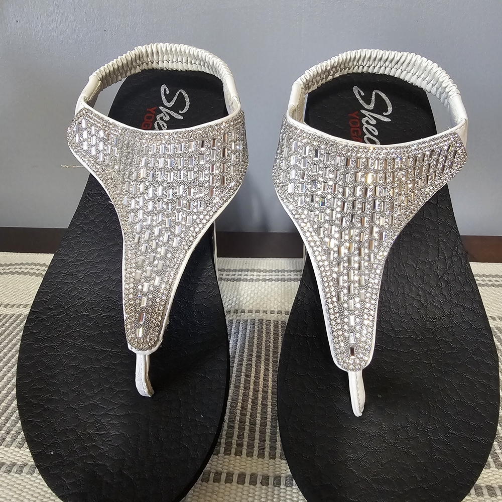 Skechers White Silver Jeweled T-Strap Sandals